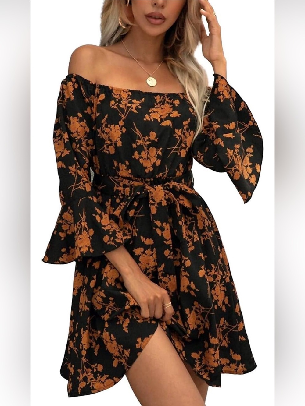 Jeceika Brand Off-Shoulder Black Dress with Mustard Floral Print Tie Back Belt